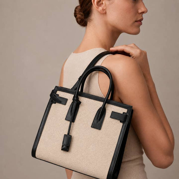 Timeless Black & Beige Tote Bag - PRIVA Fashion model photo