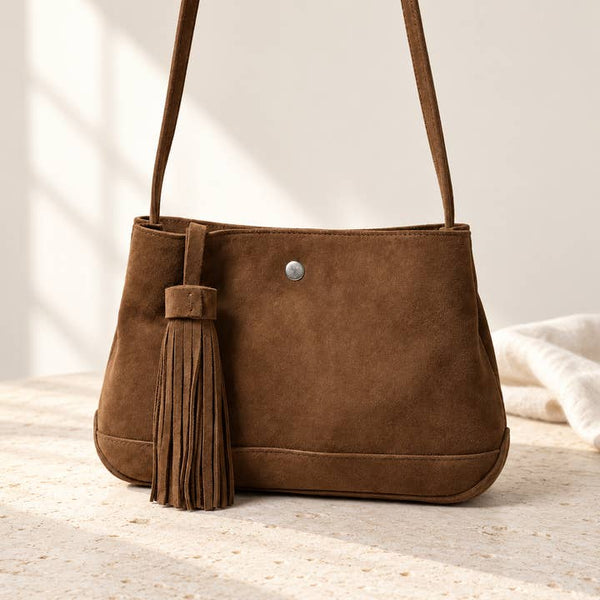 Cognac Leather Tassel Shoulder Bag - PRIVA Fashion styled photo