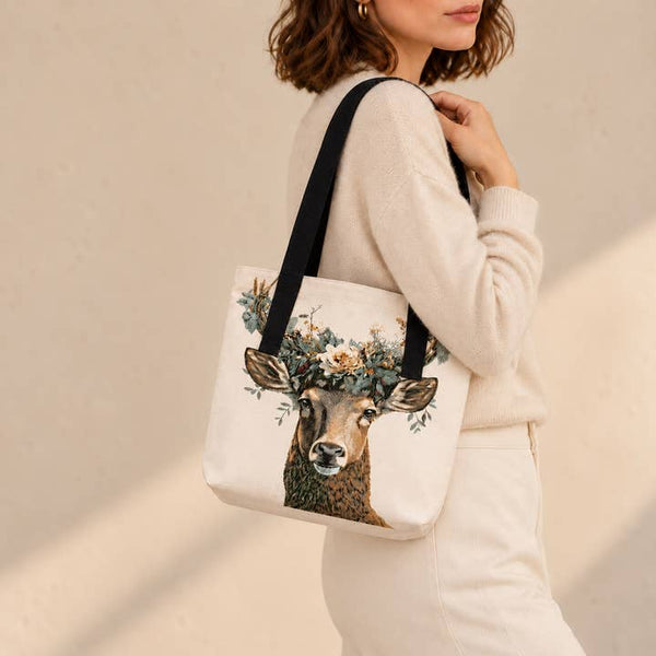 Floral Deer Canvas Tote Bag - PRIVA Fashion model photo