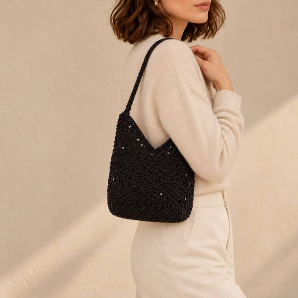 Midnight Sequin Crescent Shoulder Bag - PRIVA Fashion model photo