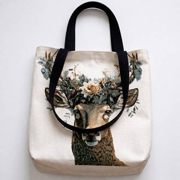 Floral Deer Canvas Tote Bag - PRIVA Fashion product photo