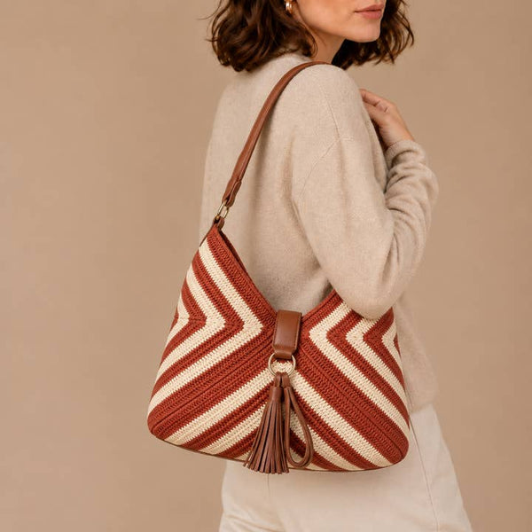 Chevron Woven Hobo Shoulder Bag - PRIVA Fashion model photo