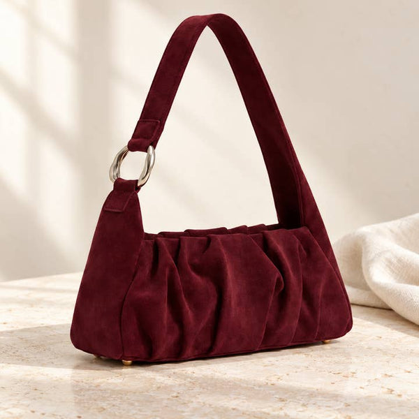 Bordeaux Suede Draped Shoulder Bag - PRIVA Fashion styled photo