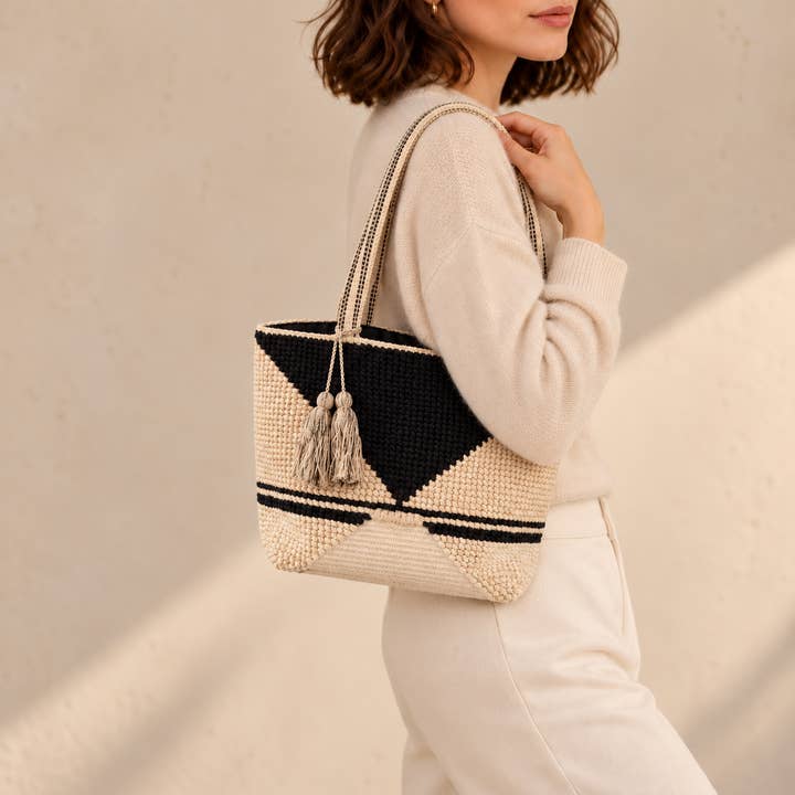 Geometric Woven Tassel Tote - PRIVA Fashion model photo