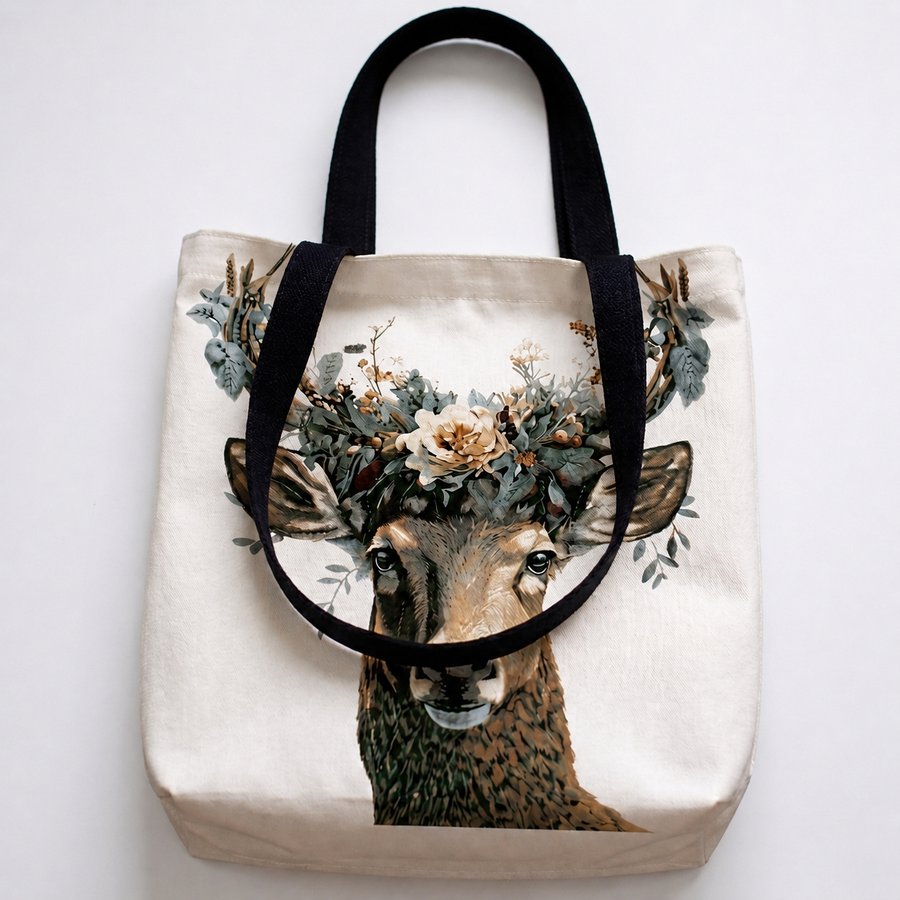 Floral Deer Canvas Tote Bag