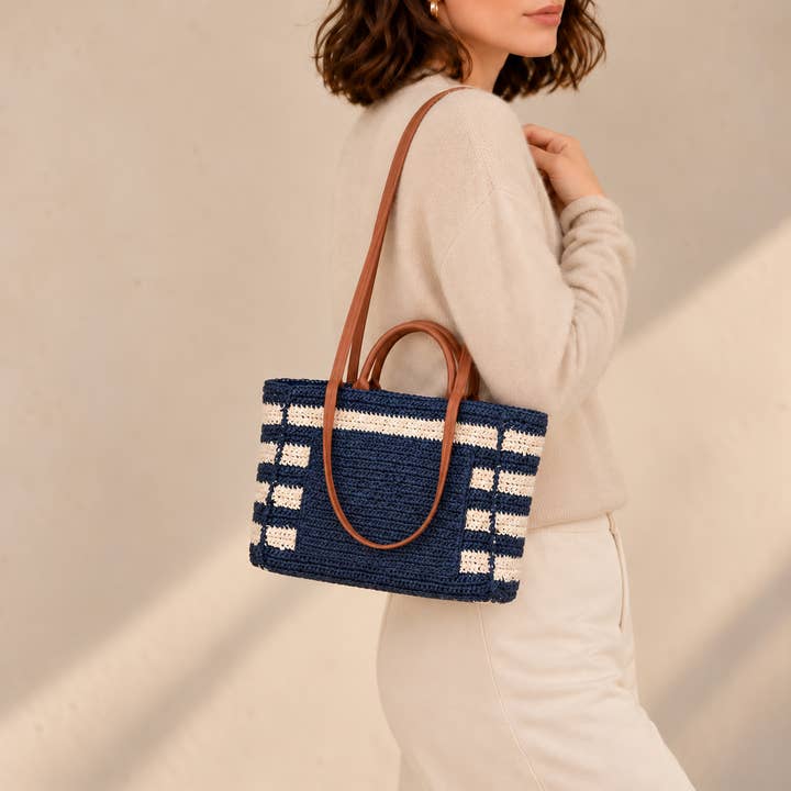Luxe Navy Woven Tote - PRIVA Fashion model photo
