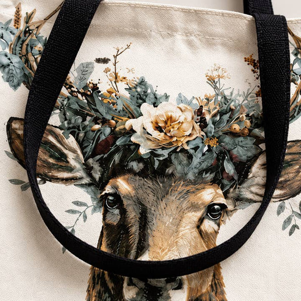 Floral Deer Canvas Tote Bag - PRIVA Fashion detail photo