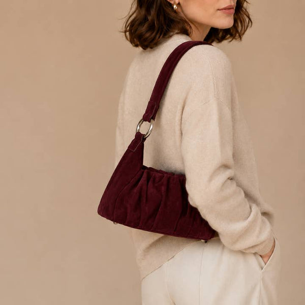 Bordeaux Suede Draped Shoulder Bag - PRIVA Fashion model photo